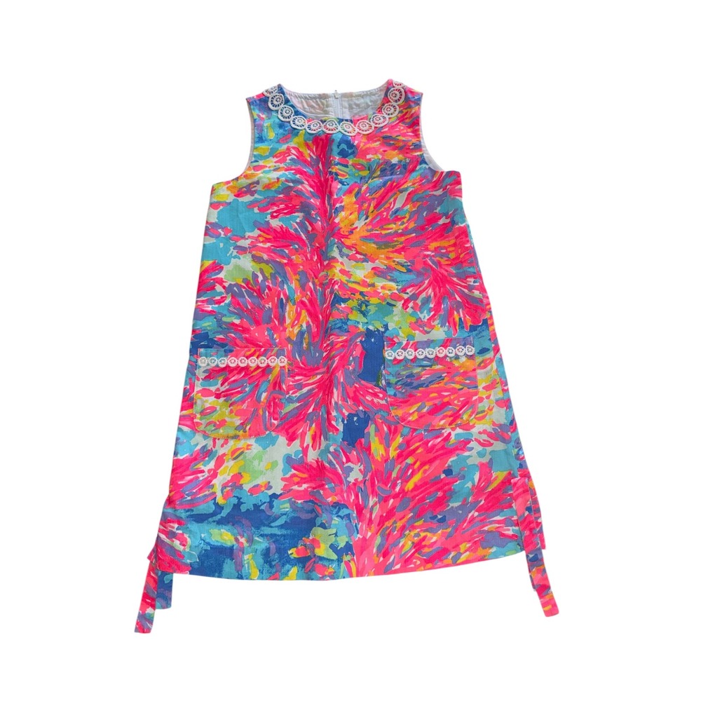 Lilly Pulitzer Girls Little Lilly Shift Dress Pink Blue Floral Lace Size 10
